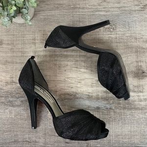 Nina NY Black Shimmer & Satin Trim Peep Toe Heels